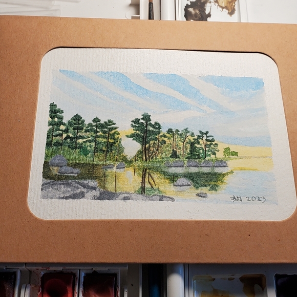 Hand Crafted Other - Hand painted Watercolor Landscape Painting in a 6x4 Cardboard Photo Frame